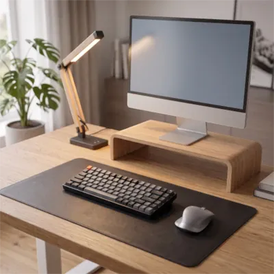 Ensemble d'accessoires de bureau en bois comprenant support d'écran, tapis et lampe.