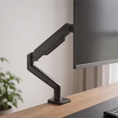Bras articulé pour écran PC en métal noir fixé au rebord du bureau.