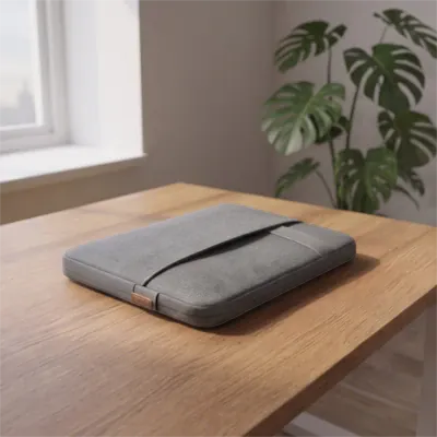 Housse d'ordinateur portable grise rembourrée en tissu matelassé.