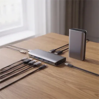 Hub USB-C multiport en aluminium branché avec plusieurs câbles sur un bureau.