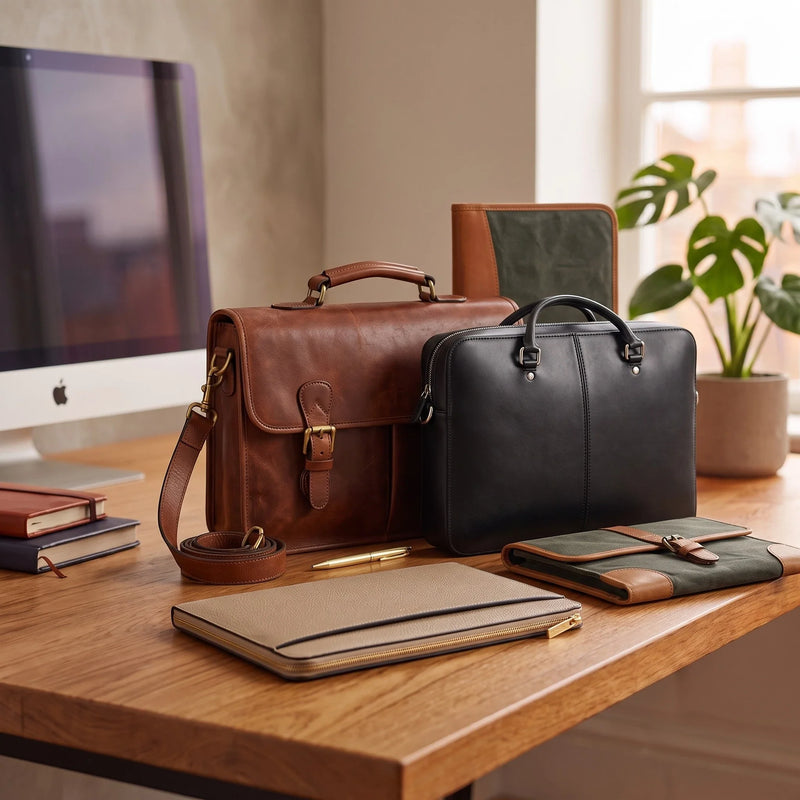 Gamme élégante de porte-documents pour homme et femme en cuir marron et noir, comprenant un sac ordinateur structuré, une serviette business et des poches organisatrices posés sur un bureau en bois.