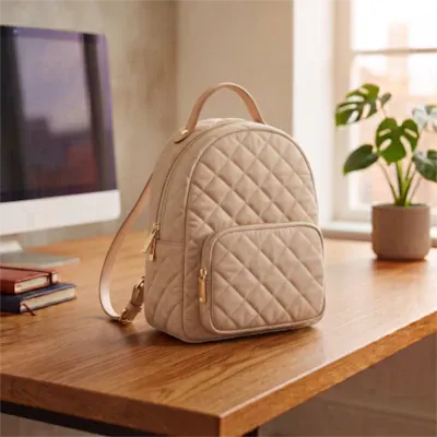 Sac à dos ordinateur pour femme matelassé beige, compact et chic.