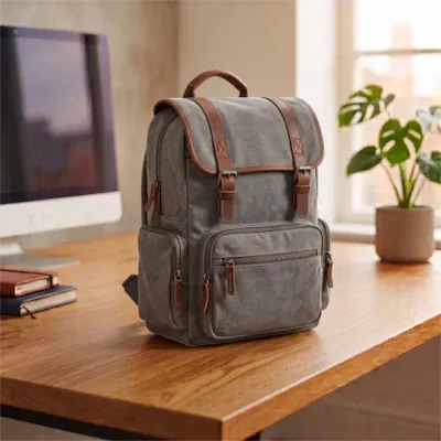 Sac à dos ordinateur pour homme en toile grise robuste et lanières effet cuir.