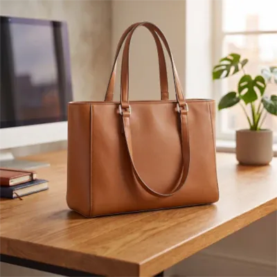 Sac ordinateur pour femme style cabas en cuir camel, élégant pour le bureau.