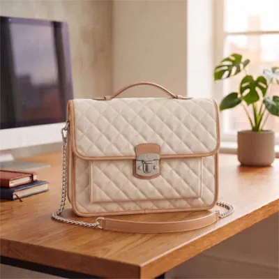 Sacoche ordinateur pour femme en toile matelassée beige avec bandoulière.