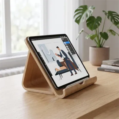 Support de tablette inclinable en bois posé sur un bureau.