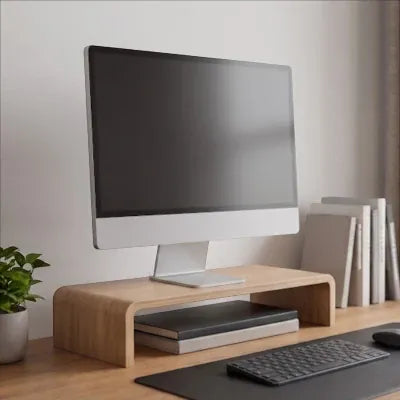 Support d'écran de bureau en bois de chêne surélevant un moniteur.