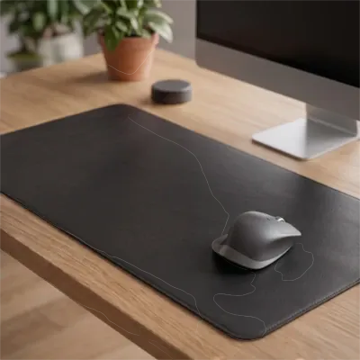 Grand tapis de souris de bureau en cuir noir avec une souris ergonomique.