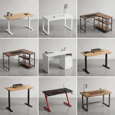 Présentation de modèles de bureaux de travail modernes, assis-debout, d'angle, avec rangements, en bois, bureaux blancs et gaming.
