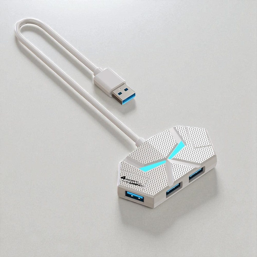 0.6M 4-in-1 Blanc Hub USB 7 Ports 3.0 au Design Hexagonal Futuriste – Éclairage LED RGB & Alimentation Type-C