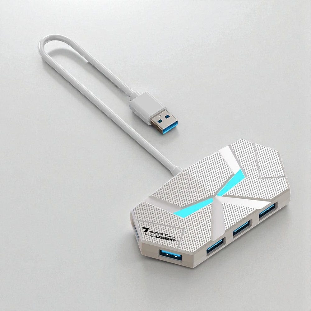1.2M 7-in-1 Blanc Hub USB 7 Ports 3.0 au Design Hexagonal Futuriste – Éclairage LED RGB & Alimentation Type-C