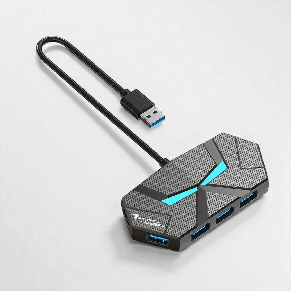 1.2M 7-in-1 Noir Hub USB 7 Ports 3.0 au Design Hexagonal Futuriste – Éclairage LED RGB & Alimentation Type-C