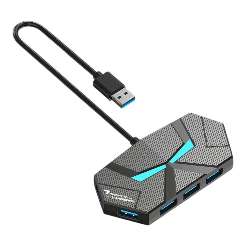 1.2M 7-in-1 Noir Hub USB 7 Ports 3.0 au Design Hexagonal Futuriste – Éclairage LED RGB & Alimentation Type-C