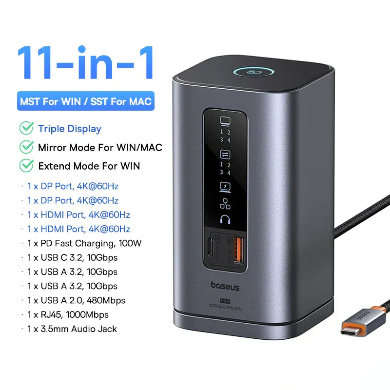 11-in-1 HDMI DP Hub USB-C 12-en-1 Aluminium – Dual 4K@60Hz, Charge 100W, Vitesse 10Gbps, Design Vertical Premium
