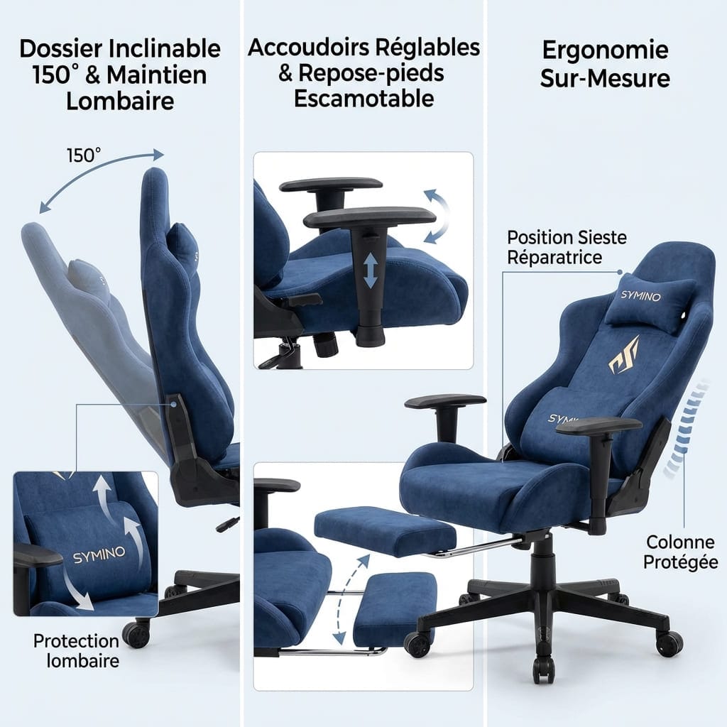 Détails du dossier inclinable à 150° avec maintien lombaire, des accoudoirs réglables et du repose-pieds escamotable pour une ergonomie sur-mesure et une position sieste réparatrice.