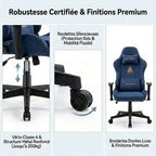 Gros plan sur la base en métal renforcé avec vérin de classe 4 supportant jusqu'à 200kg, les roulettes silencieuses et les broderies dorées sur l'appui-tête et le coussin lombaire.