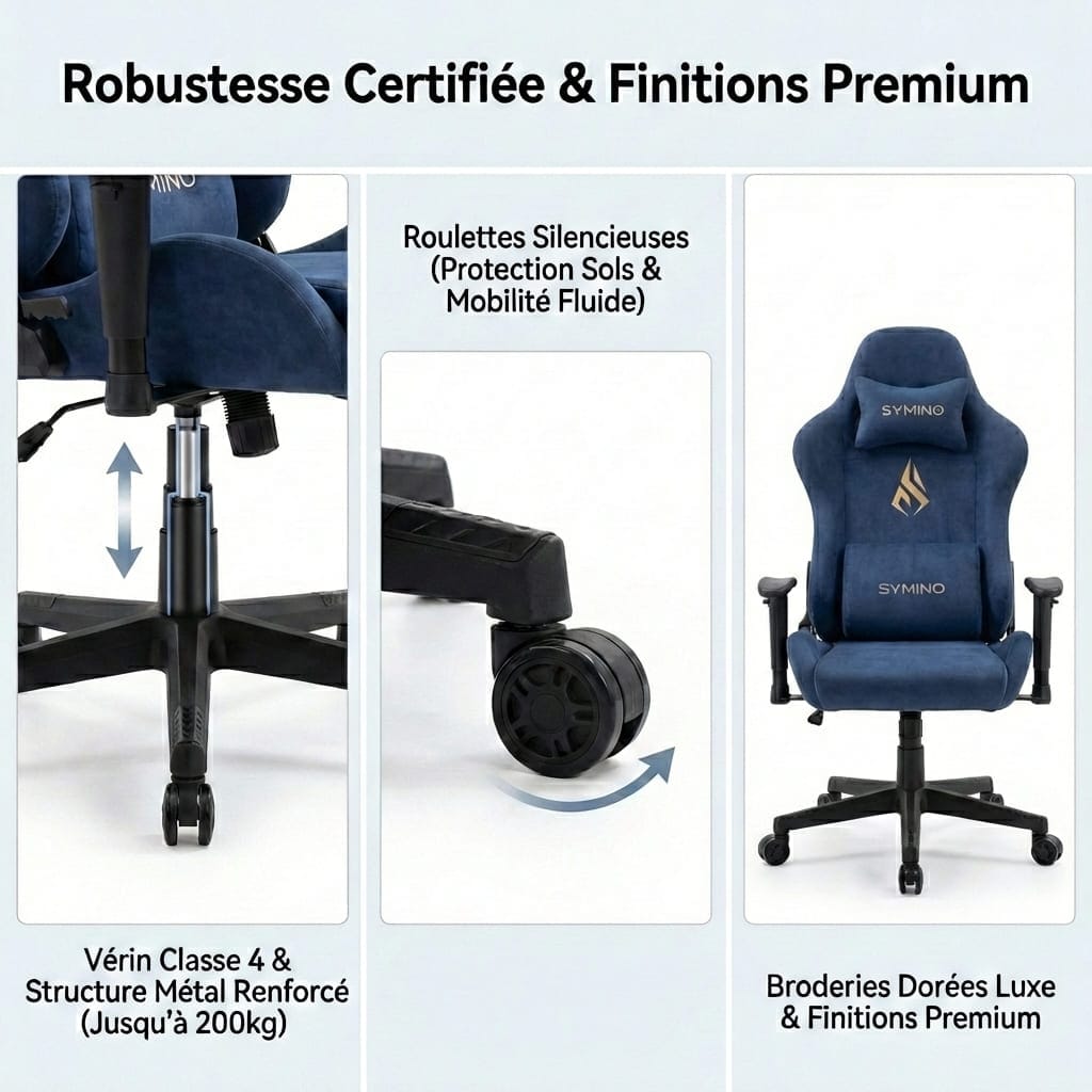 Gros plan sur la base en métal renforcé avec vérin de classe 4 supportant jusqu'à 200kg, les roulettes silencieuses et les broderies dorées sur l'appui-tête et le coussin lombaire.