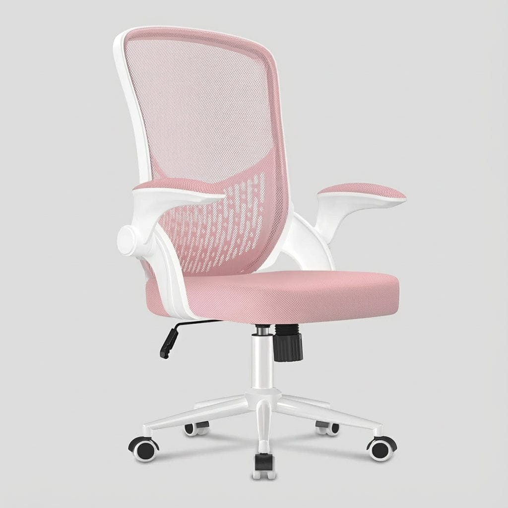 Chaise de bureau ergonomique de couleur rose avec structure blanche, dossier en maille respirante, assise rembourrée, accoudoirs relevables et base à roulettes.