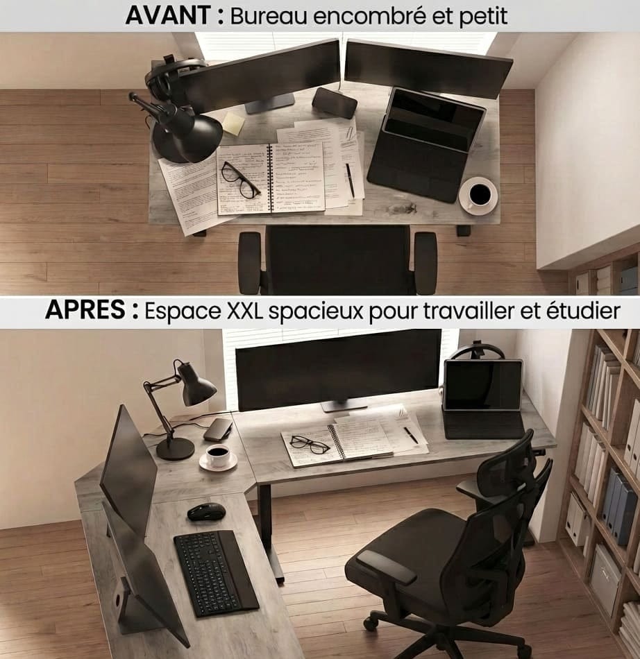 Avant et après installation d'un grand bureau d'angle en L pour le télétravail et les études. Comparaison montrant un petit bureau rectangulaire encombré versus un espace de travail spacieux et organisé avec plusieurs écrans.