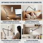 Infographie montrant quatre applications d'un bras articulé pour téléphone : support de bureau ergonomique, détente au lit, visioconférences ou streaming, et consultation de recettes en cuisine.