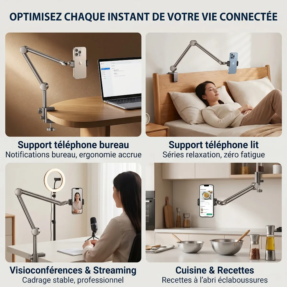 Infographie montrant quatre applications d'un bras articulé pour téléphone : support de bureau ergonomique, détente au lit, visioconférences ou streaming, et consultation de recettes en cuisine.
