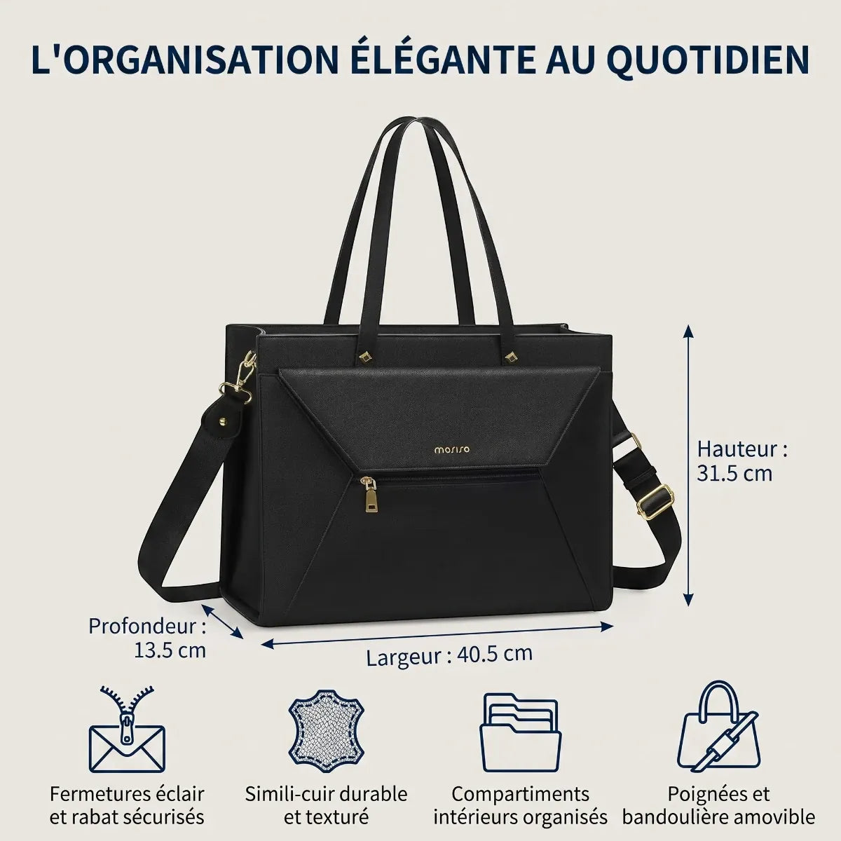 Dimensions et caractéristiques techniques du sac business femme ordinateur Envolia