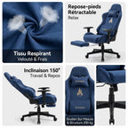 Vue d'ensemble de la chaise bleue avec focus sur le tissu respirant et velouté, le repose-pieds rétractable et l'inclinaison du dossier jusqu'à 150° pour une position relax.