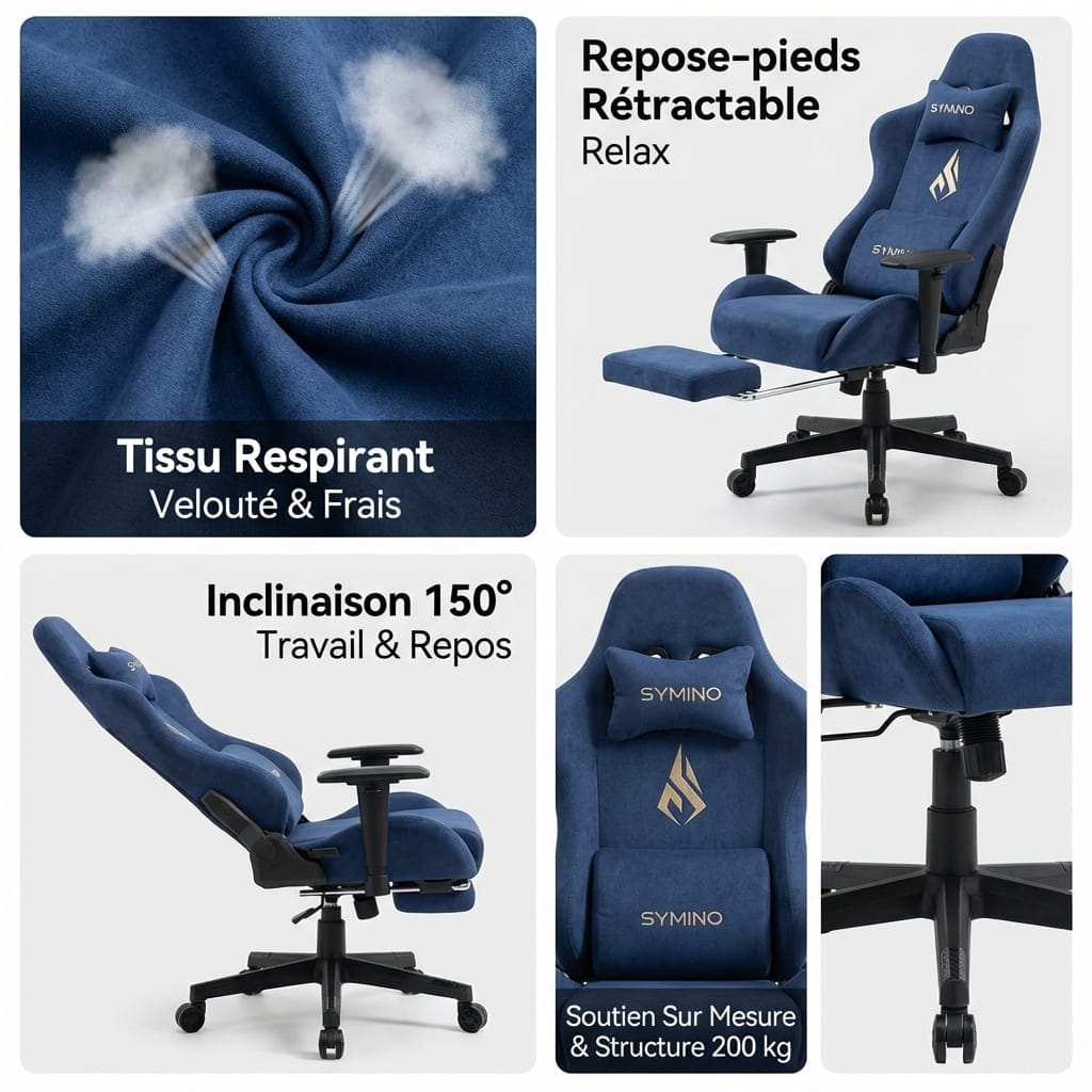 Vue d'ensemble de la chaise bleue avec focus sur le tissu respirant et velouté, le repose-pieds rétractable et l'inclinaison du dossier jusqu'à 150° pour une position relax.