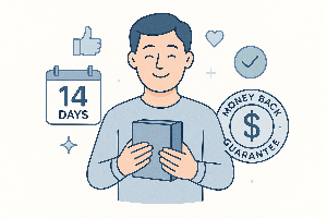 Illustration d’un client heureux tenant un colis, entouré d’icônes représentant un retour sous 14 jours, une garantie satisfait ou remboursé et des symboles de confiance, pour un site e-commerce d’accessoires pour télétravail et nomades numériques.