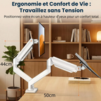 Dimensions et débattement du pied écran PC double avec réglage de hauteur de quarante-quatre cm