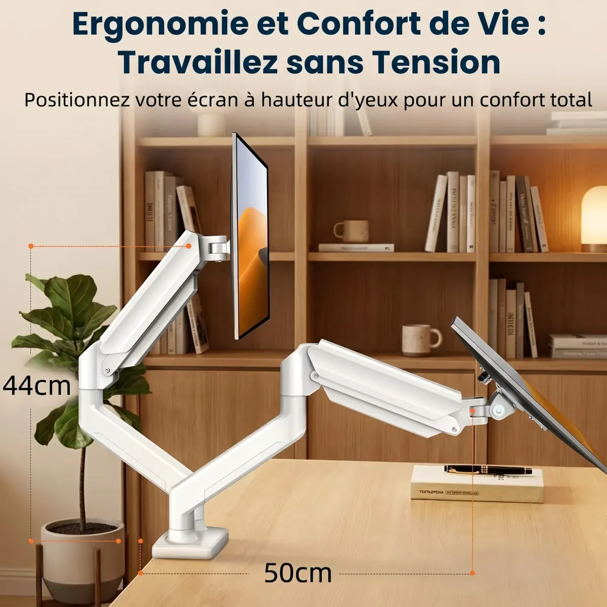Dimensions et débattement du pied écran PC double avec réglage de hauteur de quarante-quatre cm