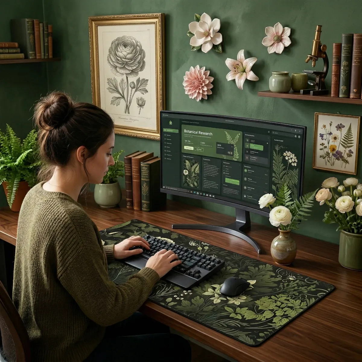 Une femme travaille sur son ordinateur dans un bureau à domicile décoré sur le thème botanique, utilisant le tapis de souris Everglade Botanica XXL.