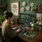 Une femme travaille sur son ordinateur dans un bureau à domicile décoré sur le thème botanique, utilisant le tapis de souris Everglade Botanica XXL.