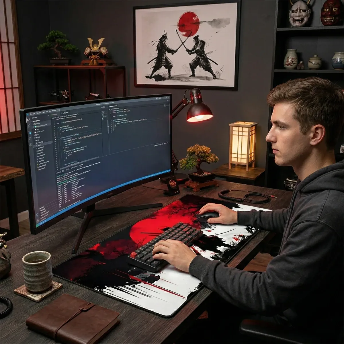 Jeune homme dans un setup de bureau "coding" utilisant le tapis de souris Bushido Horizon XXL avec clavier mécanique et souris, dans un décor japonais. Tissage Haute Densité, Précision & Glisse.