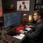 Jeune homme dans un setup de bureau "coding" utilisant le tapis de souris Bushido Horizon XXL avec clavier mécanique et souris, dans un décor japonais. Tissage Haute Densité, Précision & Glisse.