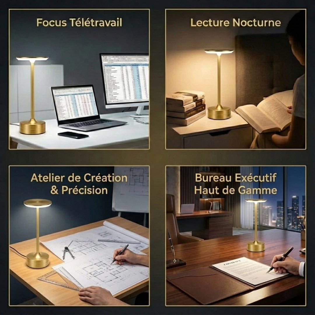 Montage montrant la lampe LUXOR en télétravail, lecture nocturne, atelier de création et bureau de direction.