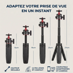 Mini trépied télescopique 3-en-1 rouge posé sur un bureau, tenant un smartphone pour une visioconférence