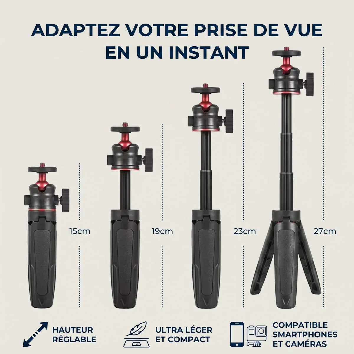 Mini trépied télescopique 3-en-1 rouge posé sur un bureau, tenant un smartphone pour une visioconférence
