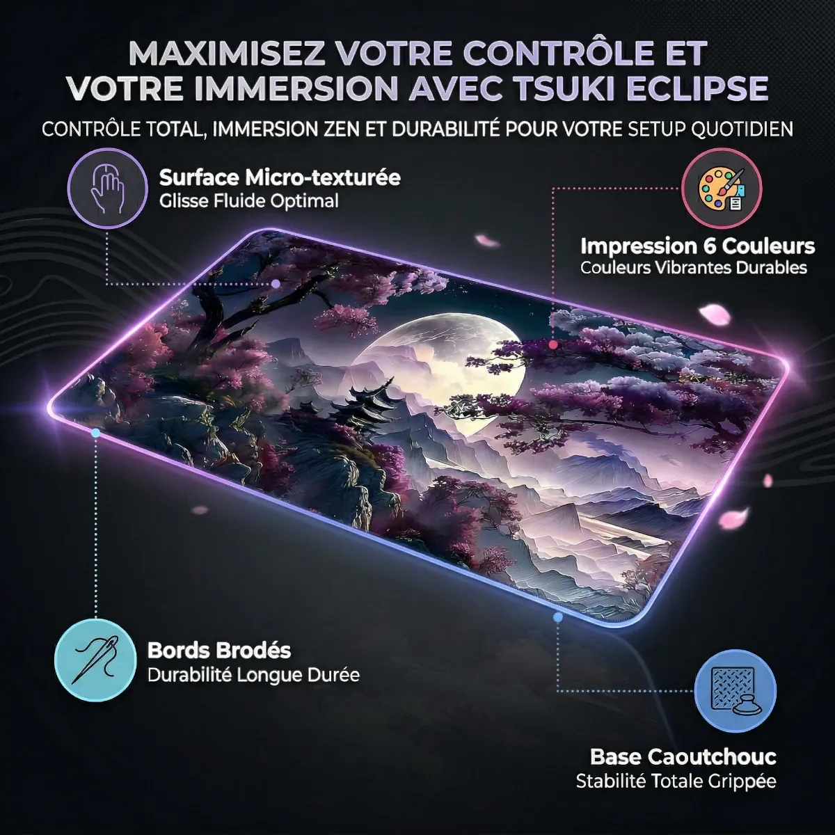 Infographie technique du tapis de souris gamer Tsuki Eclipse XXL : glisse micro-texturée, impression 6 couleurs, bords brodés, base caoutchouc.