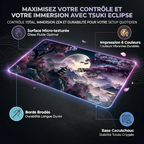 Infographie technique du tapis de souris gamer Tsuki Eclipse XXL : glisse micro-texturée, impression 6 couleurs, bords brodés, base caoutchouc.