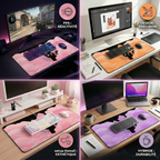Mosaïque de 4 scénarios d'utilisation réelle montrant le tapis de souris Nebula Cat XXL intégré dans différents setups : FPS/gaming compétitif (nuages roses), Design & Montage (nuages orange), Minimalisme & Kawaii (nuages roses), et Travail Hybride (nuages violets).