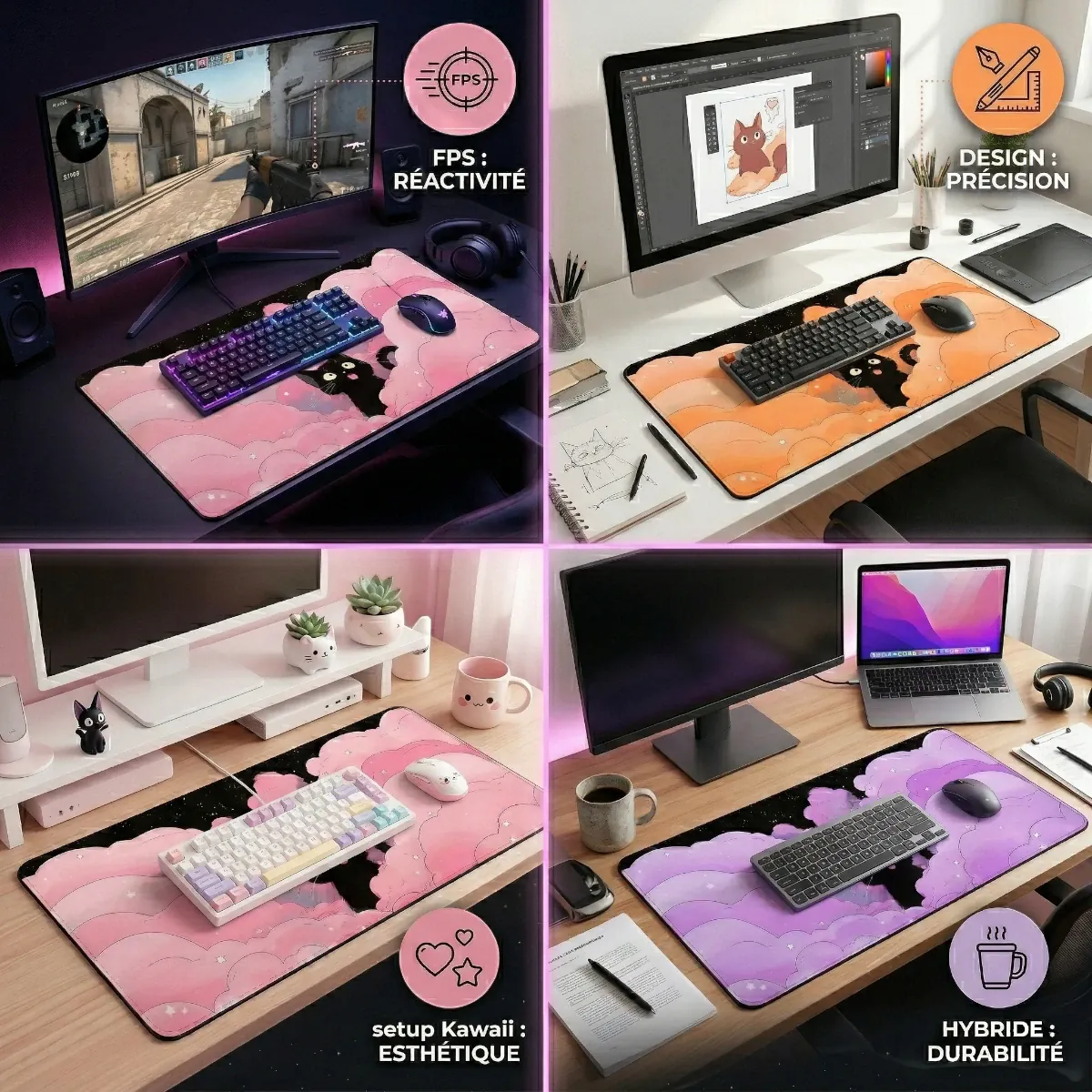 Mosaïque de 4 scénarios d'utilisation réelle montrant le tapis de souris Nebula Cat XXL intégré dans différents setups : FPS/gaming compétitif (nuages roses), Design & Montage (nuages orange), Minimalisme & Kawaii (nuages roses), et Travail Hybride (nuages violets).