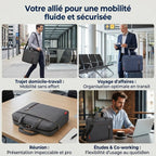 Infographie des cas d’utilisation du sac ordinateur homme ErgoShield pour le trajet quotidien, les réunions et le voyage d’affaires.