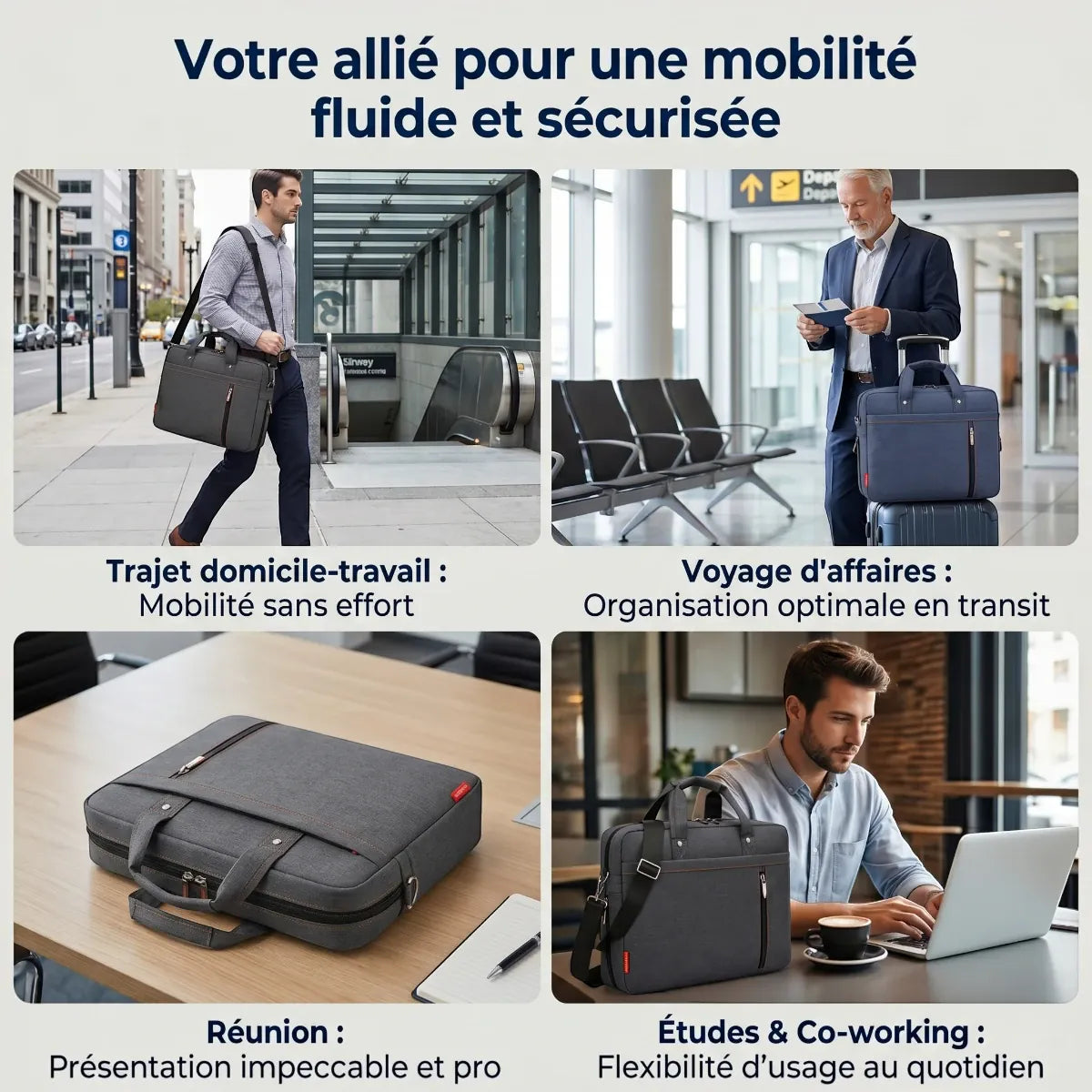 Infographie des cas d’utilisation du sac ordinateur homme ErgoShield pour le trajet quotidien, les réunions et le voyage d’affaires.