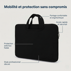 Infographie des caractéristiques ergonomiques et de la protection antichoc de la sacoche ordi femme CosySleeve Pro XL.