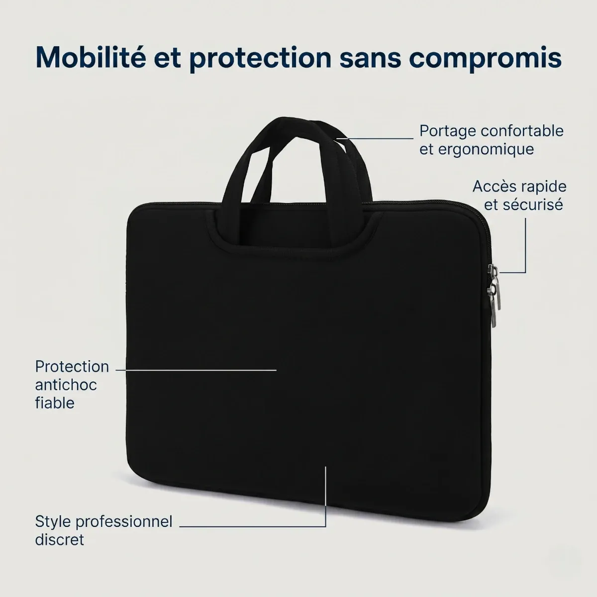 Infographie des caractéristiques ergonomiques et de la protection antichoc de la sacoche ordi femme CosySleeve Pro XL.