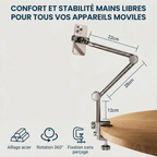 Support téléphone articulé en acier ErgoPivot de Bureau Cosy fixé sur une table avec affichage des dimensions des bras (22 cm, 28 cm, 12 cm).