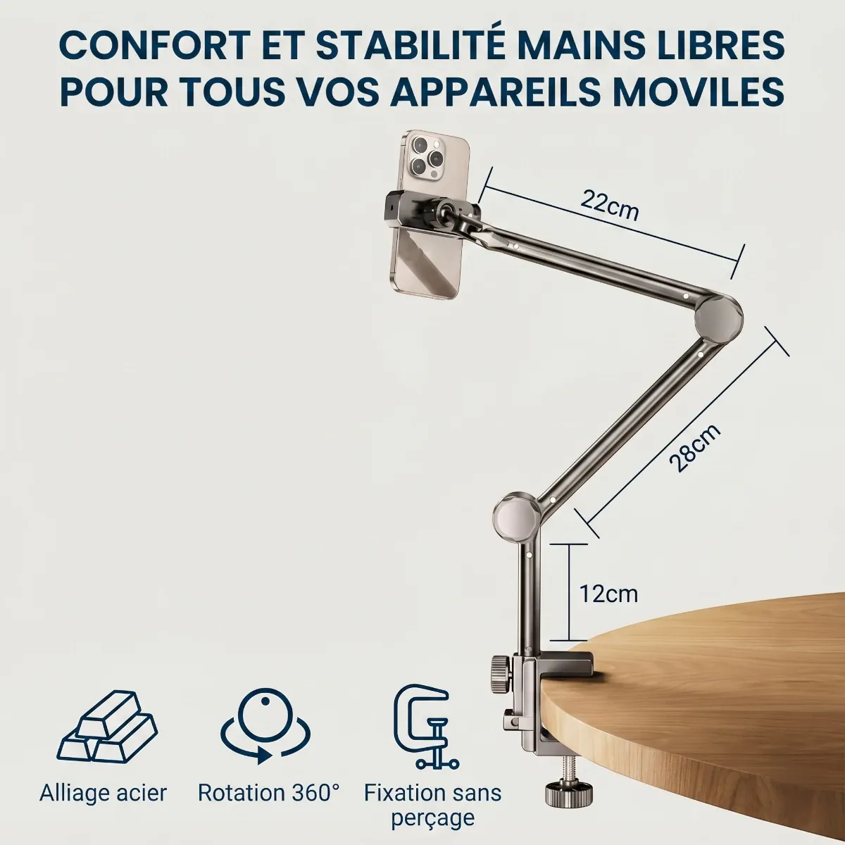 Support téléphone articulé en acier ErgoPivot de Bureau Cosy fixé sur une table avec affichage des dimensions des bras (22 cm, 28 cm, 12 cm).
