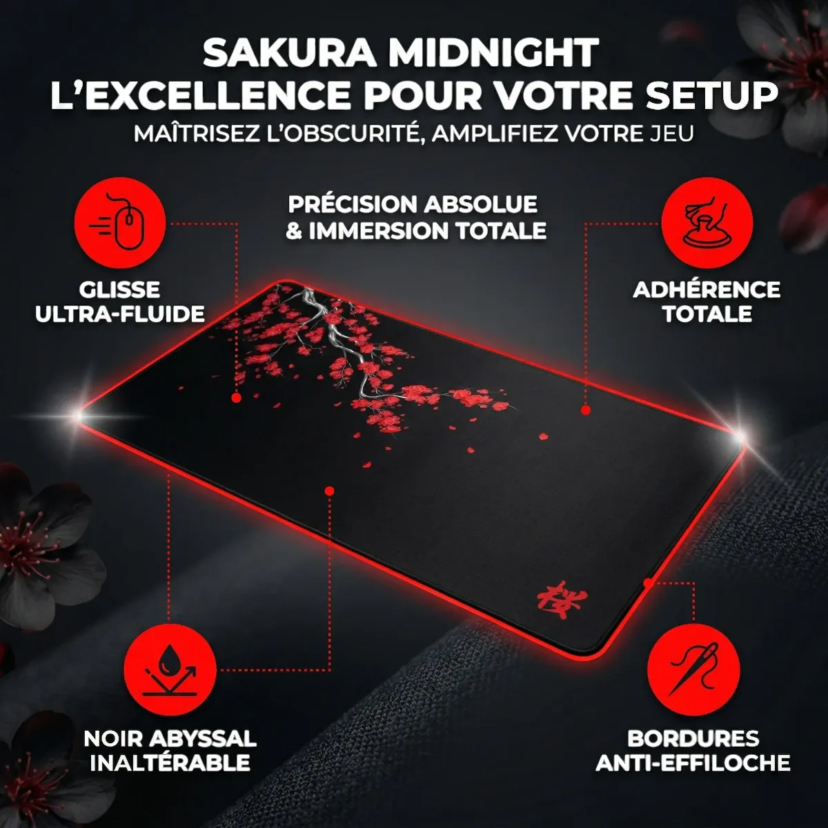 Infographie détaillée du tapis de souris Sakura Midnight XXL en tissu micro-tissé, mettant en avant la précision, l'immersion, la glisse fluide, l'adhérence totale, le noir abyssal et les bordures anti-effiloche.