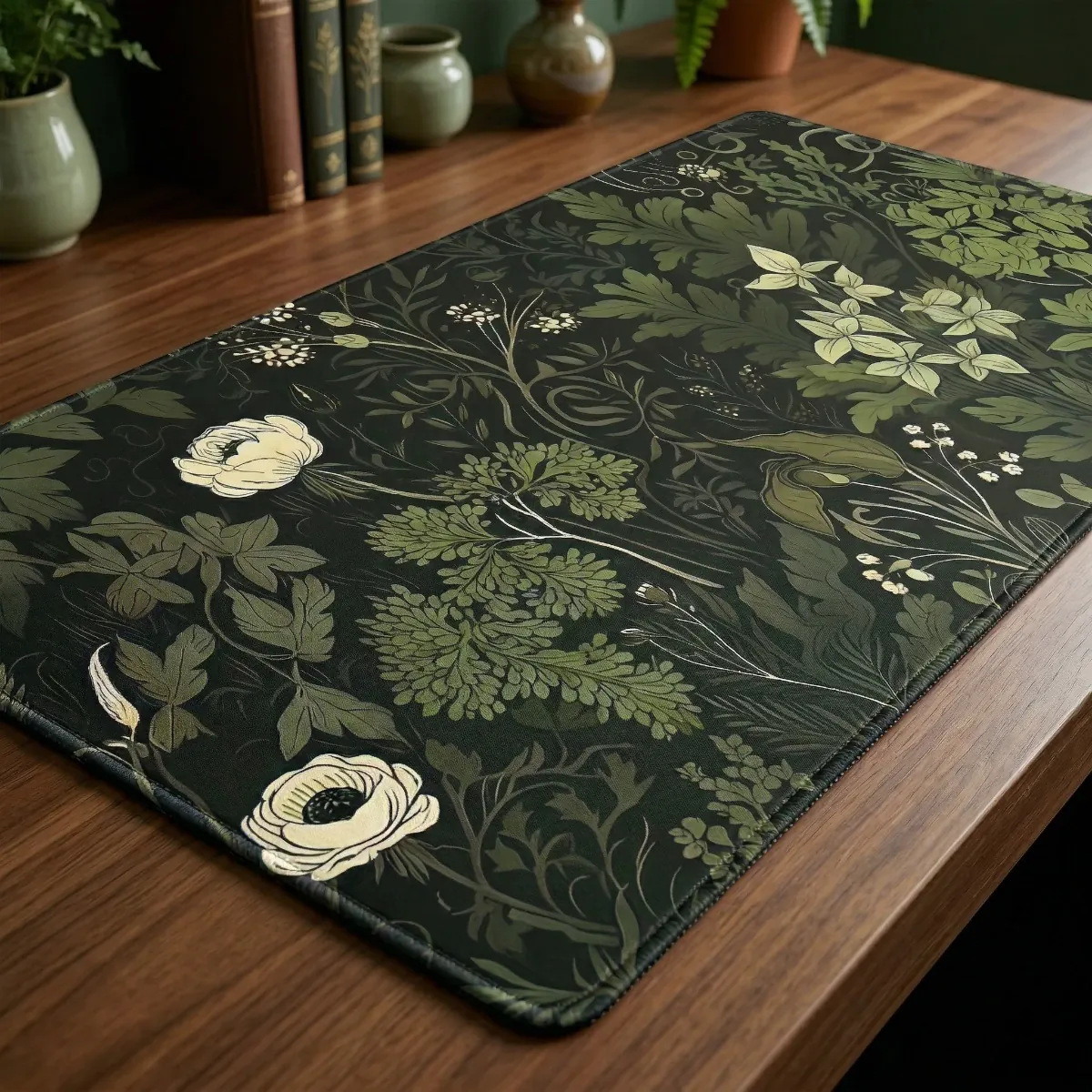 Gros plan du tapis de souris Everglade Botanica XXL sur un bureau en bois, mettant en évidence les bords brodés renforcés et la texture du tissu micro-texturé.
